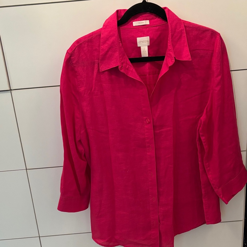 Chico's  Fuchsia Button-Down Shirt: Linen- Chico’s- sz 2 typically 22’w 25.5 L